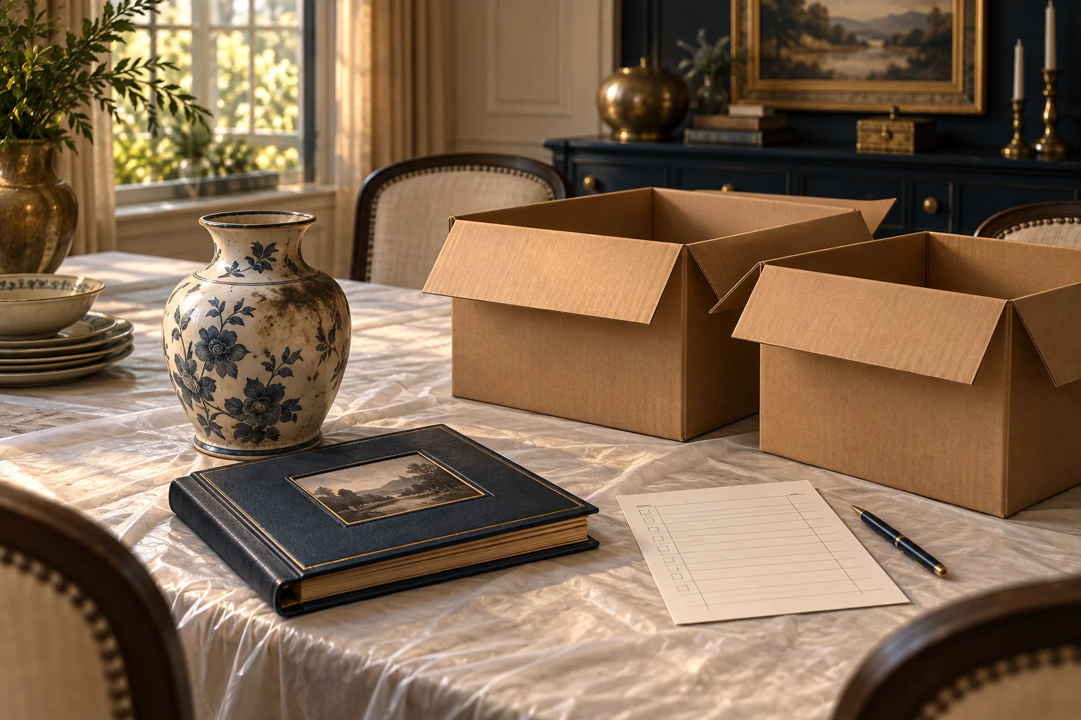 Illustration of a smoke-marked vase, photo album and inventory sheet beside two plain packing boxes