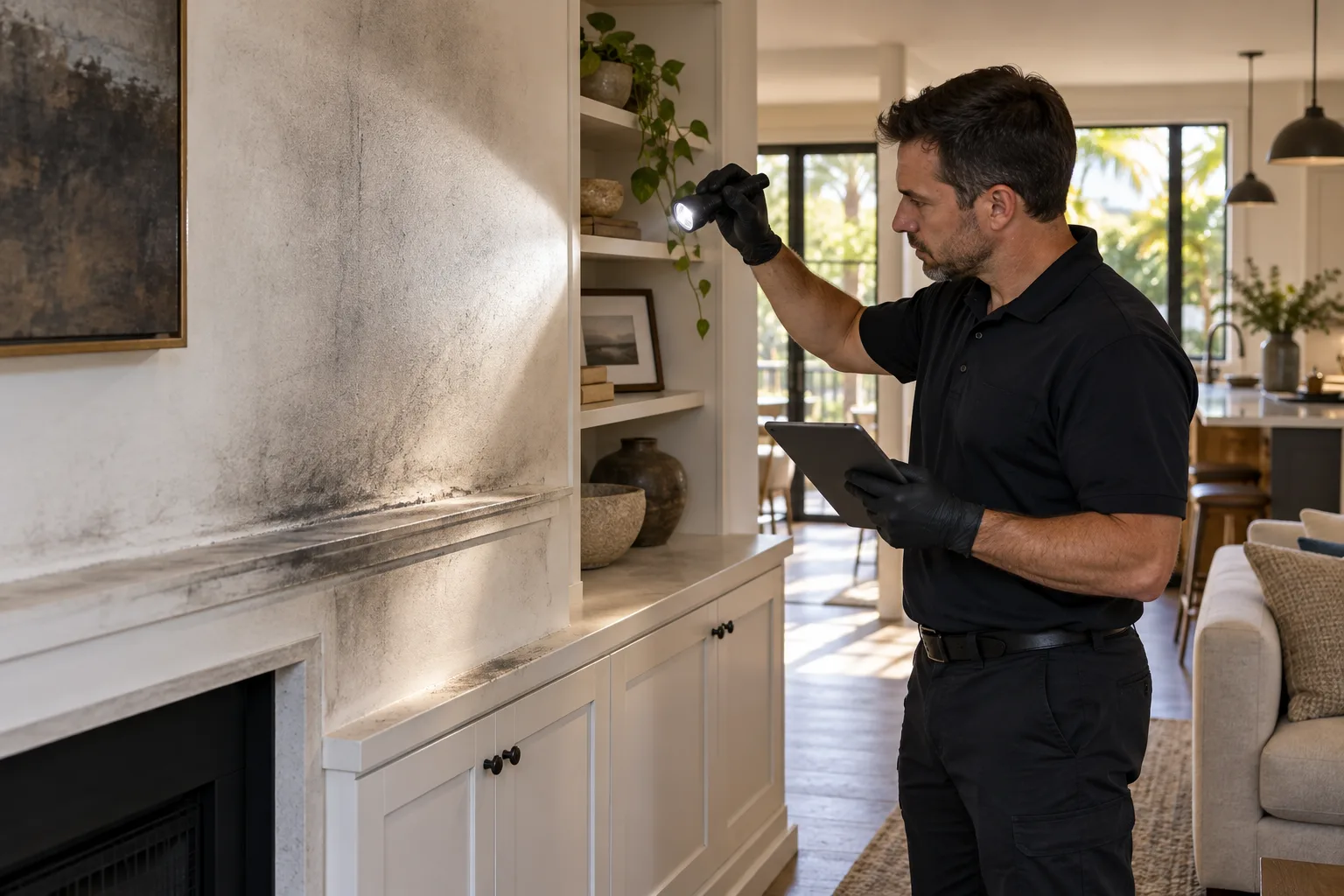Restoration professional using raking light to assess soot residue on a living room wall