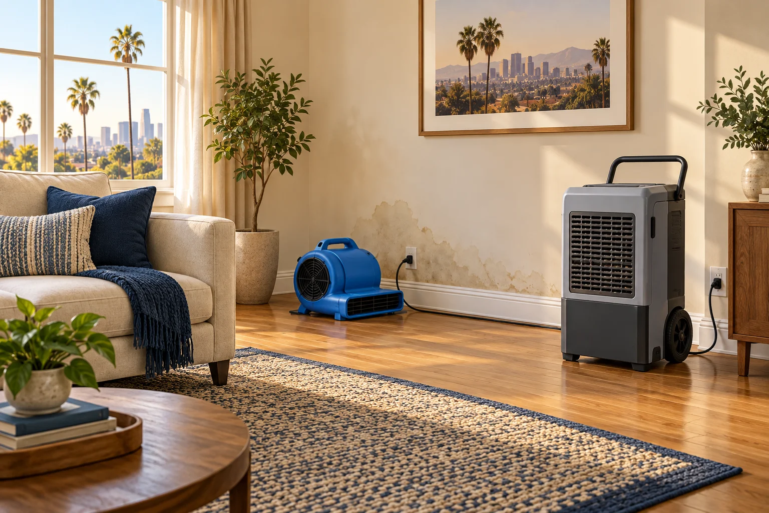 Illustration of an air mover and dehumidifier in an assessed living room with a past water stain