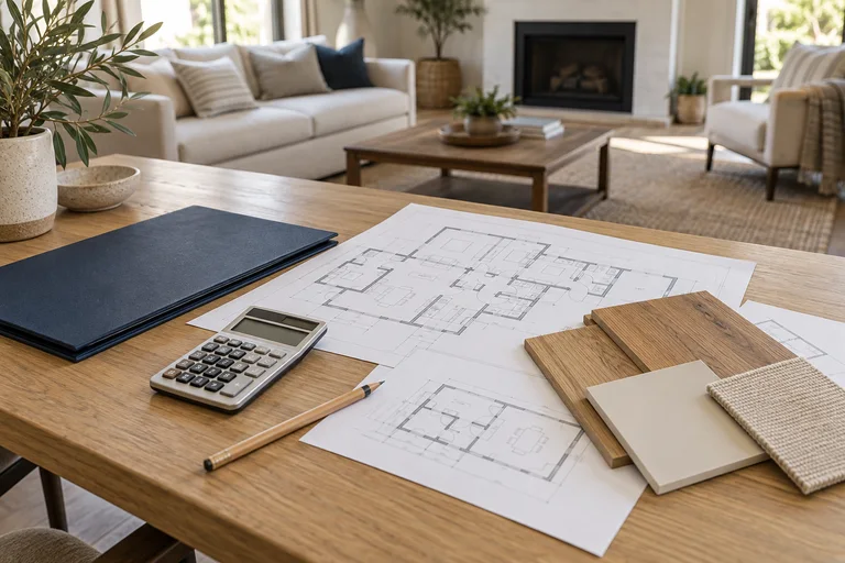 Illustration of restoration plans, a calculator and finish samples in a bright living room