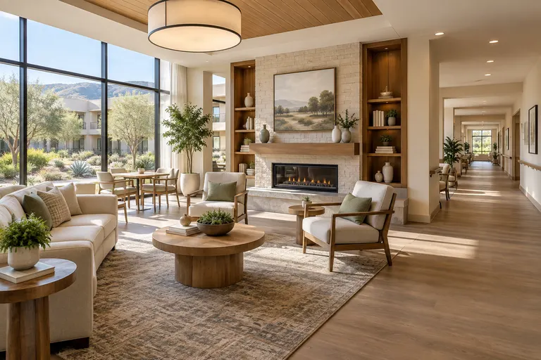 Illustration of a senior living lounge with armchairs, broad walkways and garden views