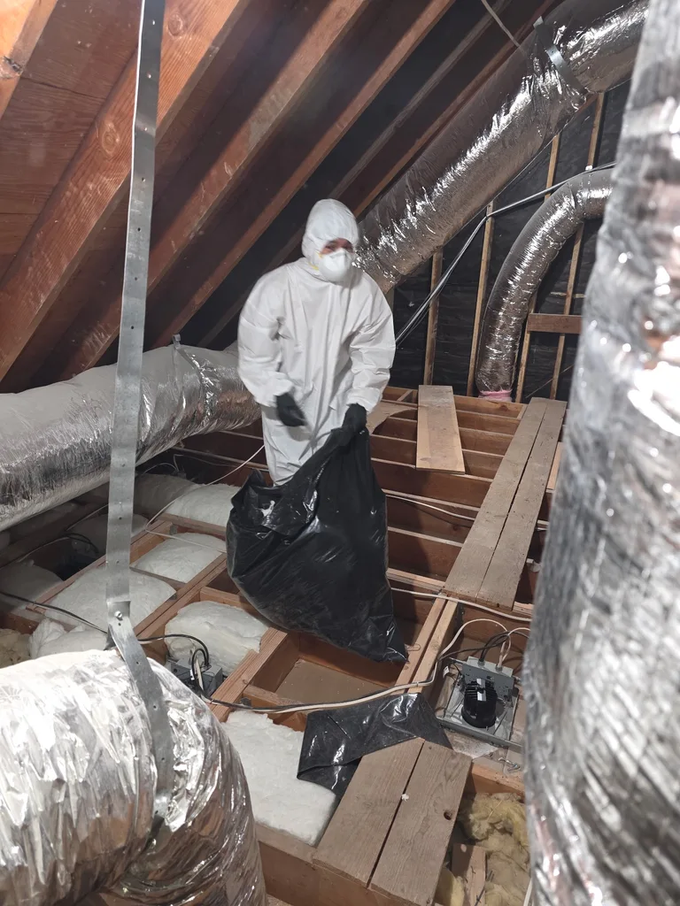 Attic cleanup technician bagging debris