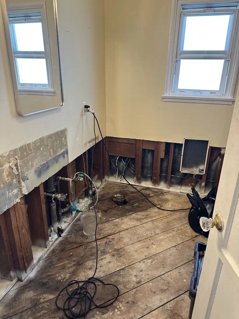 Bathroom with lower wall material removed, exposed studs, plumbing and wood subfloor.