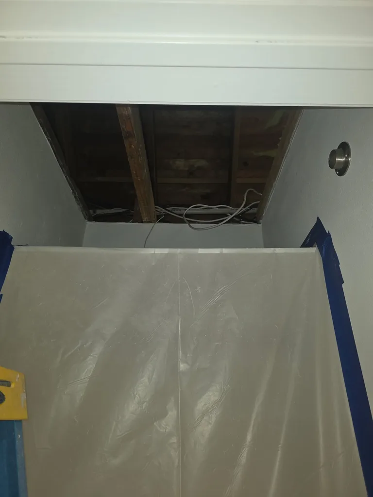 Ceiling drywall removal and exposed framing