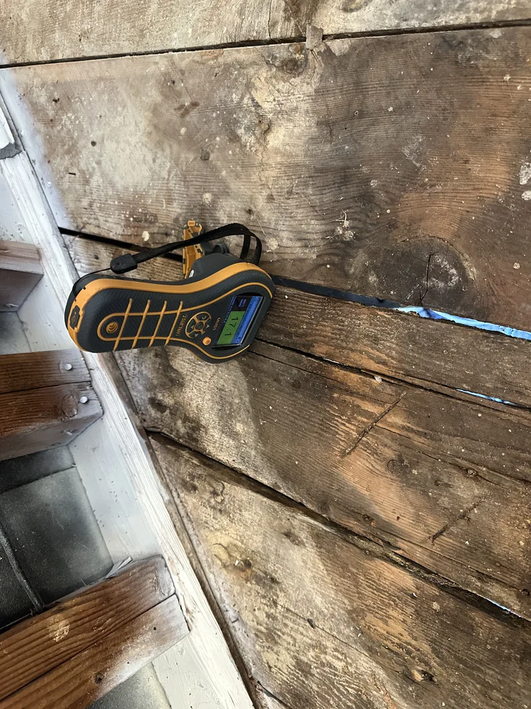 Yellow-and-black moisture meter resting on stained exposed wood floorboards.