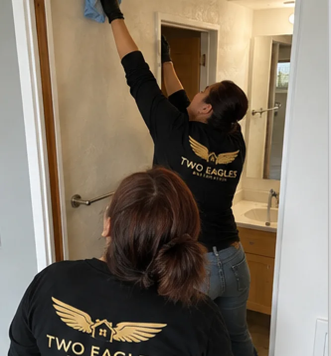 Restoration team cleaning interior door frame