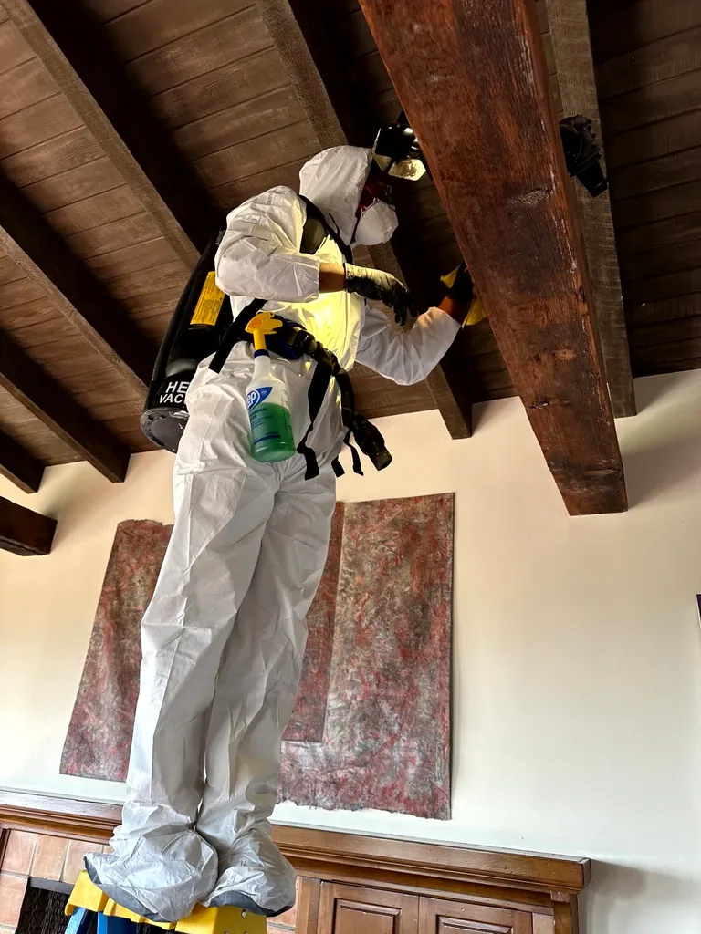 Technician cleaning exposed wood ceiling beams