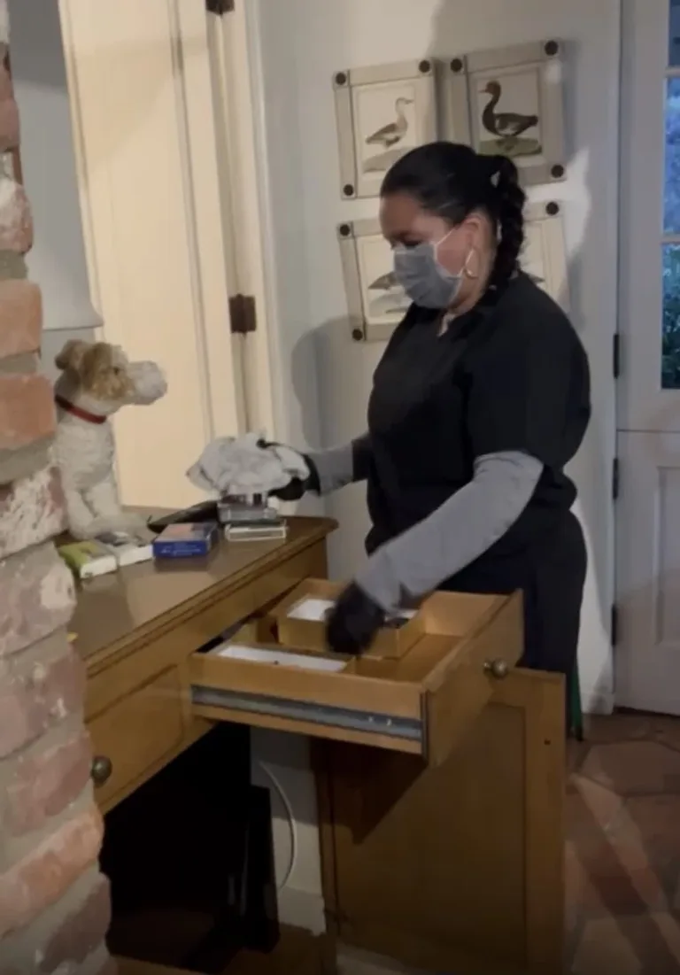 Technician cleaning wooden drawer and furniture