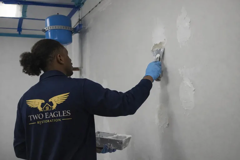Technician patching interior drywall