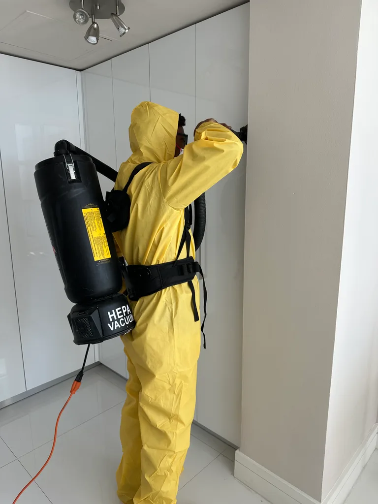 Technician using backpack hepa vacuum on wall
