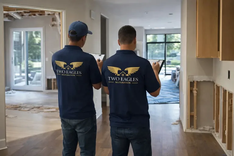 Two Eagles team inspecting an interior with exposed framing