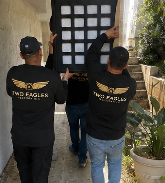 Two technicians carrying air filtration unit