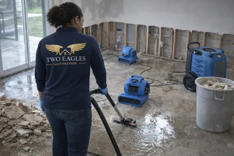Technician with water extraction and drying equipment inside a home