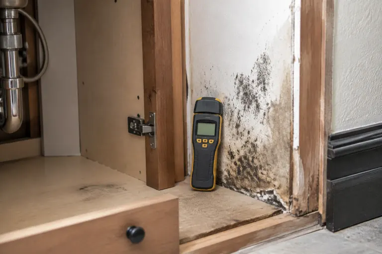 Illustration of a moisture meter beside mold-affected drywall inside a sink cabinet