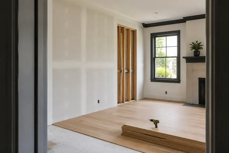 Illustration of a partially repaired room with exposed framing, drywall and flooring materials
