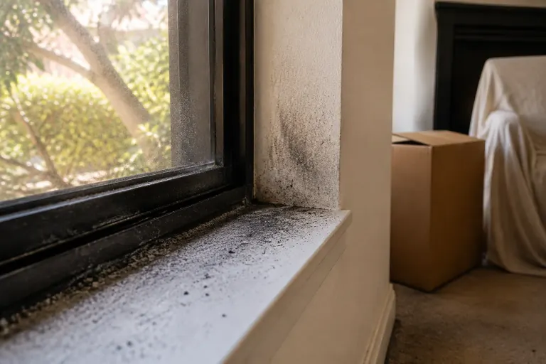 Illustration of settled ash and smoke residue around a closed window in a standing home
