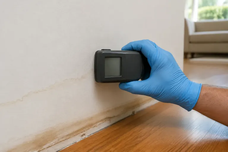 Illustration of a gloved hand holding a pinless moisture meter against water-stained drywall
